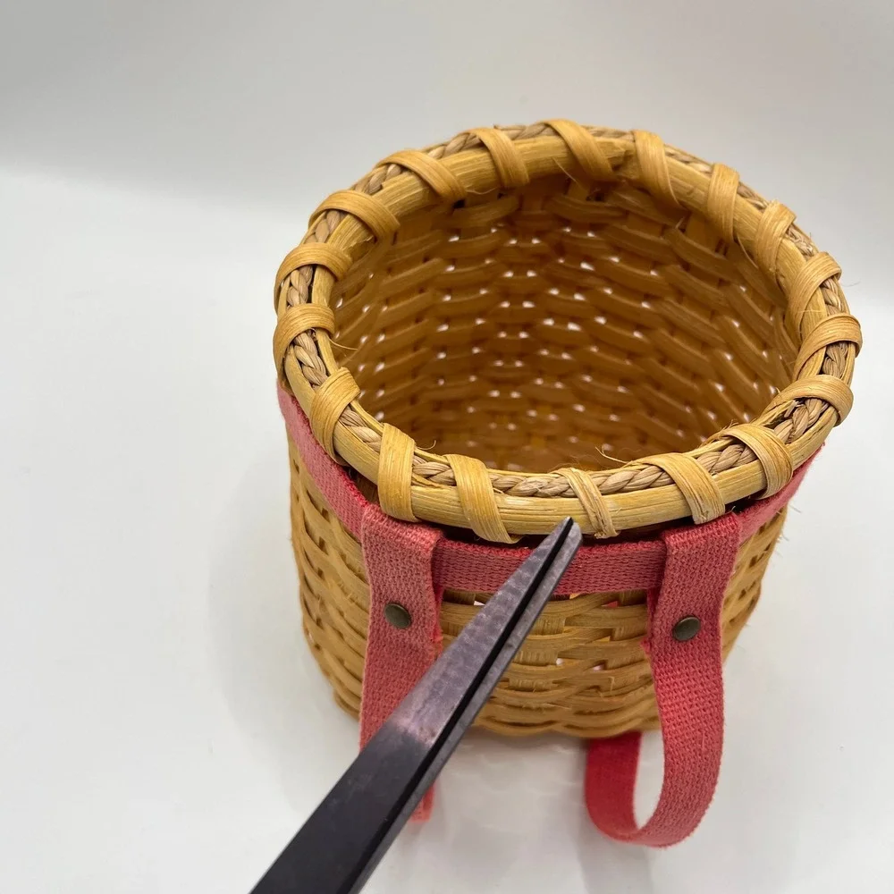 Vintage Miniature Adirondack Pack Basket Woven Wood Red Straps Decor Doll Size